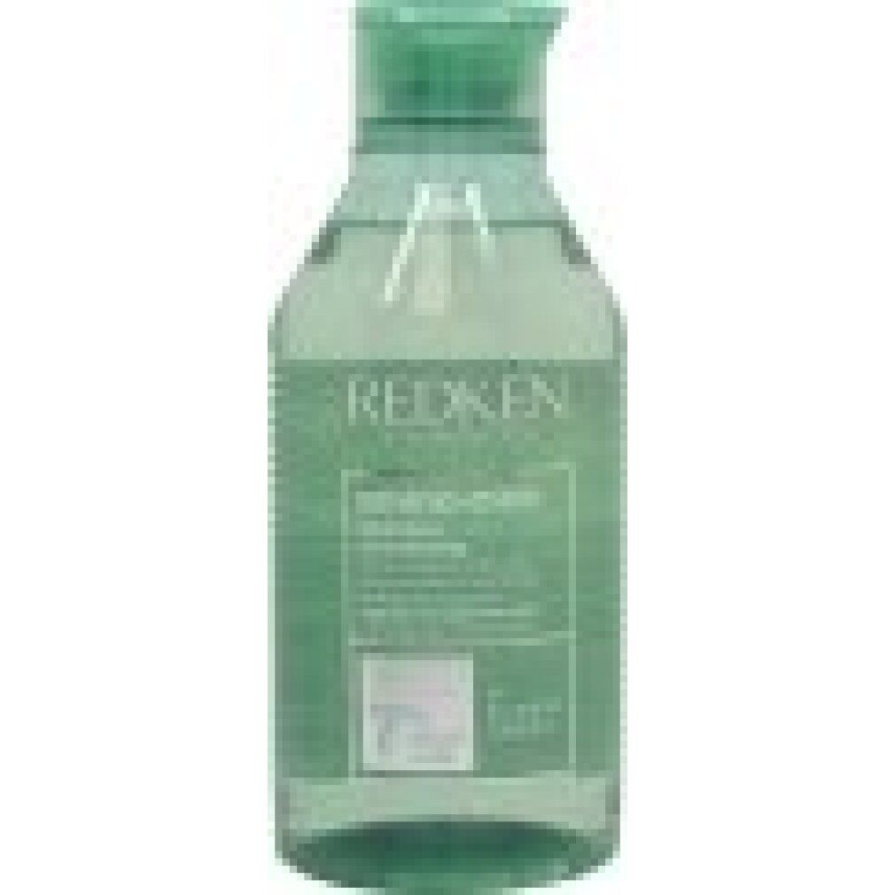 Rückansicht der Redken Amino Mint Shampoo Flasche. Grüne Flasche mit mintgrünem Deckel. Text und Barcode.