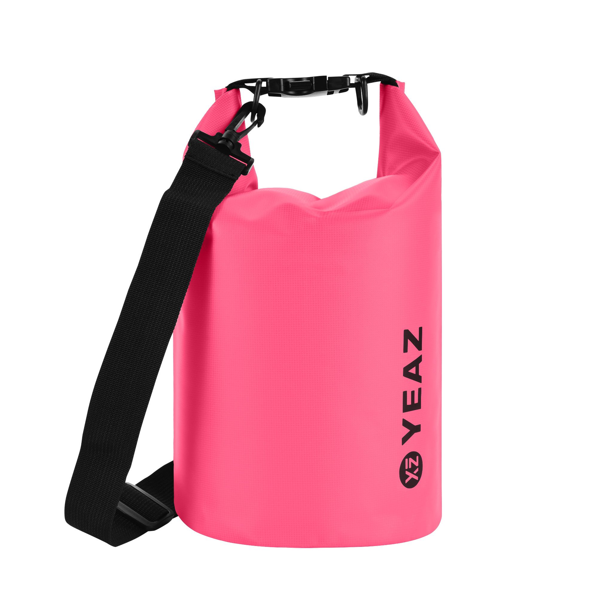 Pinkfarbener Packsack mit schwarzem Schultergurt. Aufdruck: YEAZ.