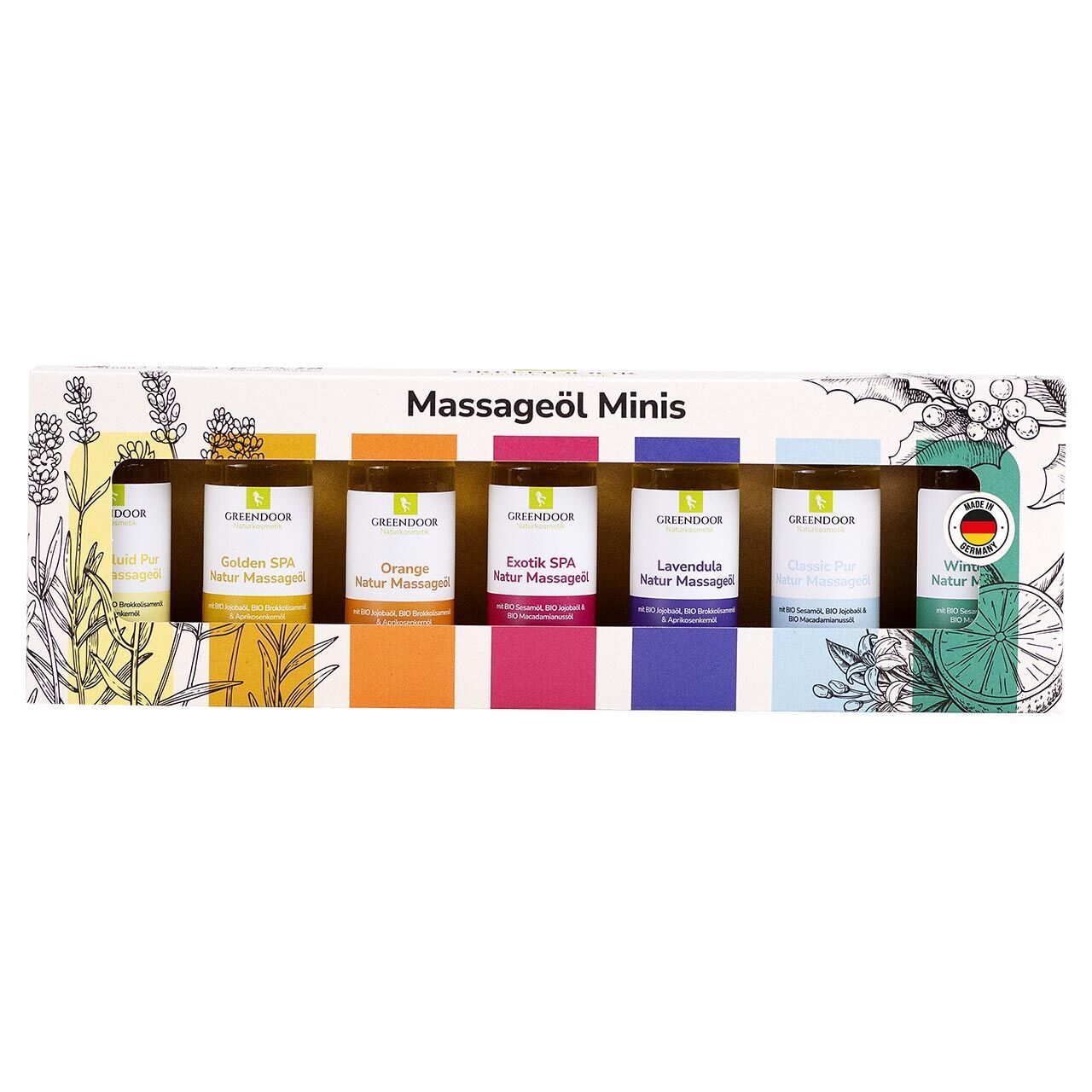 GREENDOOR Massageöl Minis Set: Sechs kleine Flaschen mit verschiedenen Duftölen in bunter Verpackung.