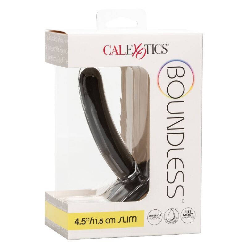 Schwarzer, gebogener Silikon-Stimulator mit Saugbasis. In Verpackung mit Produktnamen und Logos. 4,5"/11,5 cm.