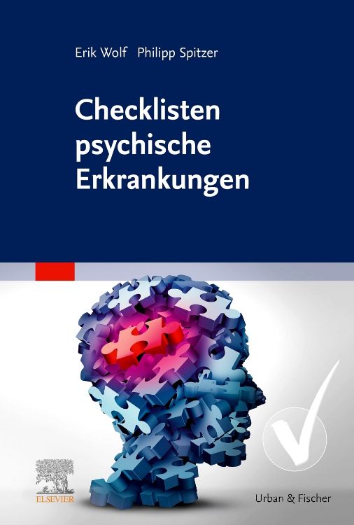 Buchcover: "Checklisten psychische Erkrankungen". Autoren: Erik Wolf, Philipp Spitzer. Abbildung eines Puzzles in Form eines Kopfes.