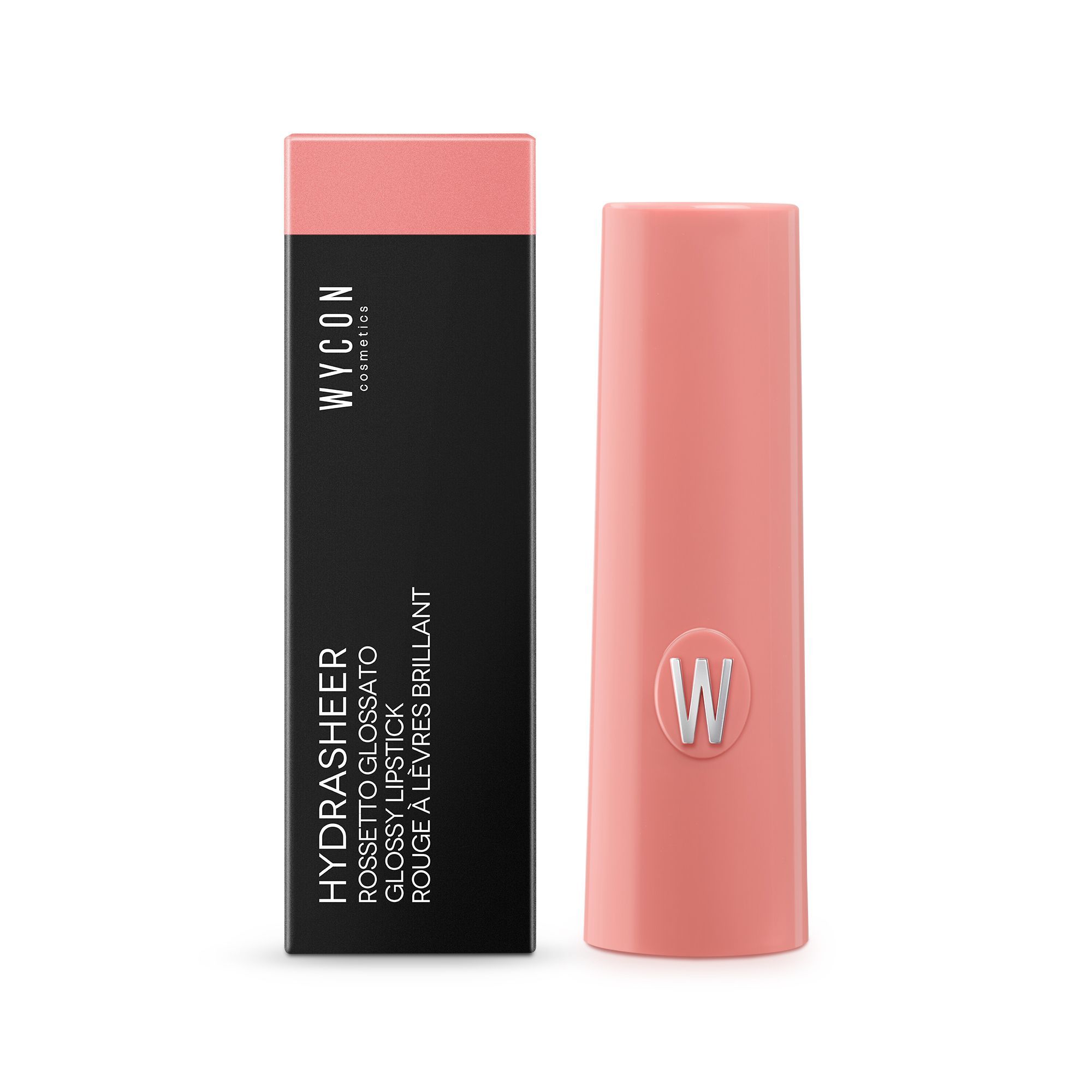 WYCON Cosmetics Hydrasheer Glossy Lipstick in der Farbe 02 Linen. Der Lippenstift ist in einer schwarzen Verpackung mit Produktnamen und Marke. Der Lippenstift selbst ist rosa.