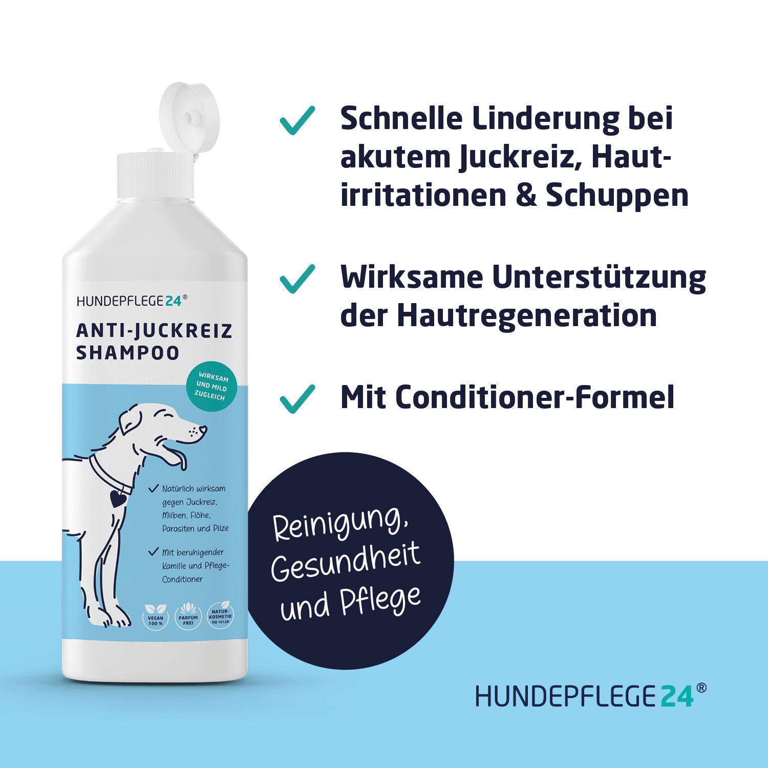 Hundeshampoo-Flasche mit Produktinformationen. Schnelle Linderung bei Juckreiz, Hautirritationen und Schuppen. Mit Conditioner-Formel.