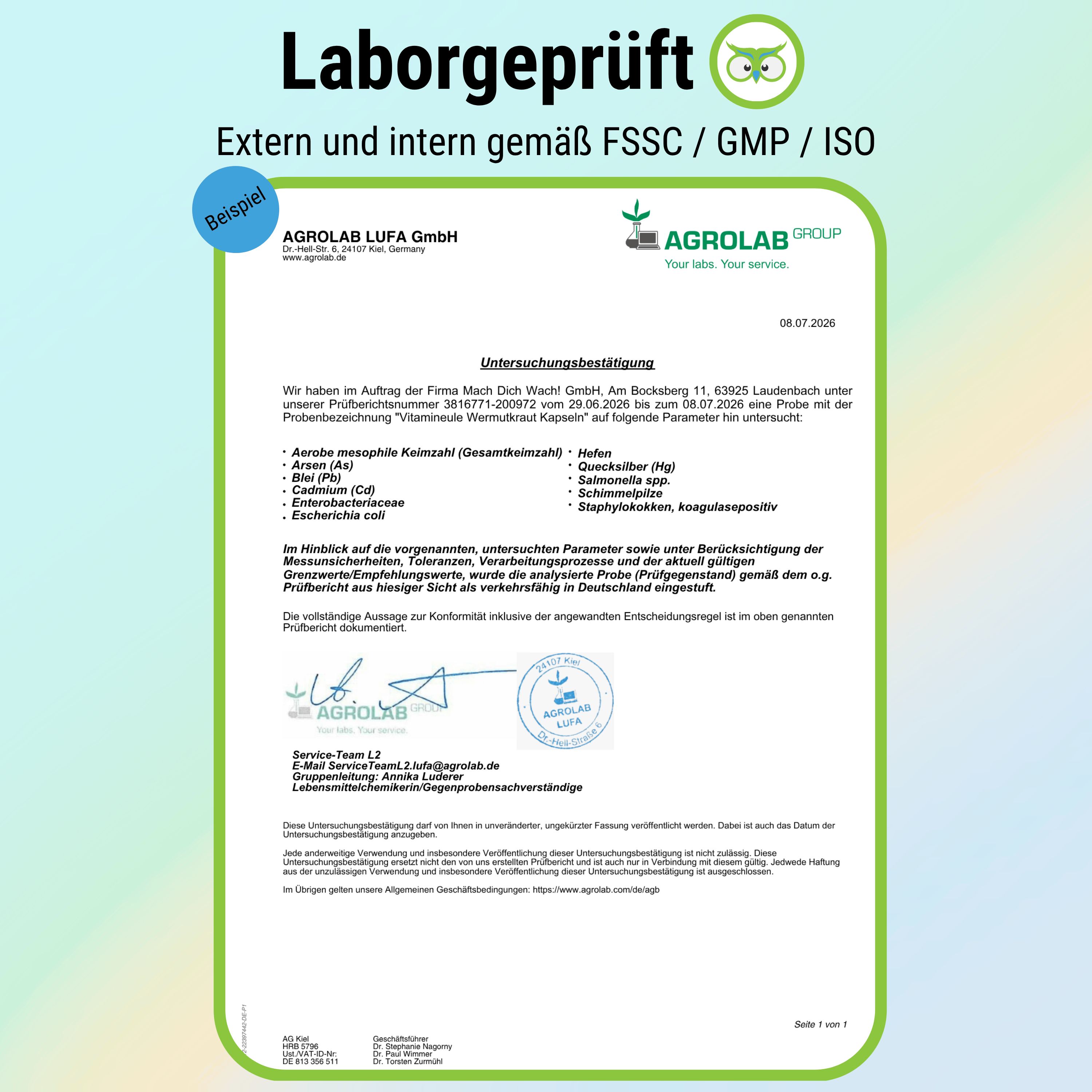 Laborbericht von Agrolab zur Prüfung von Wermutkraut Kapseln.