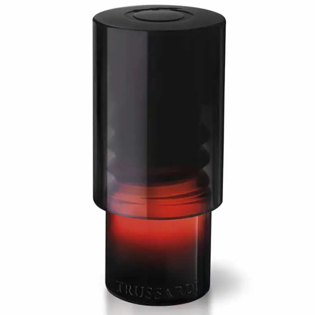 Zylindrische Flasche mit schwarzem Deckel und rotem Farbverlauf. Unten steht "TRUSSARDI".