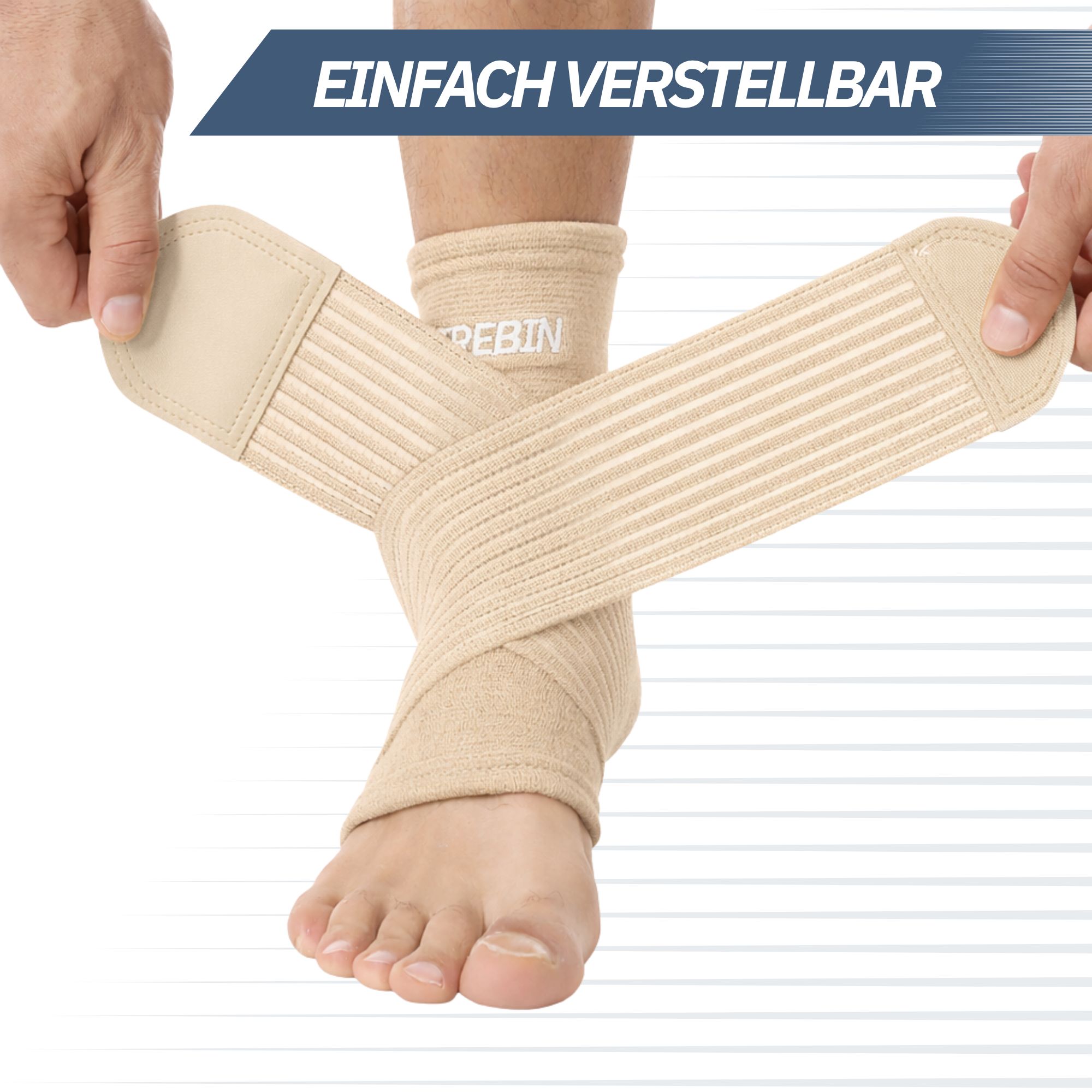 Beige Knöchelbandage mit verstellbaren Klettverschlüssen zur individuellen Anpassung.