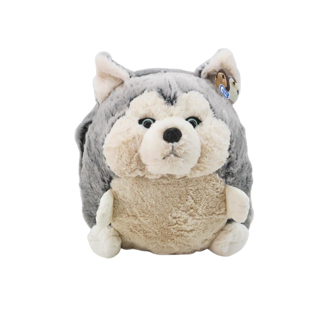 Kuscheliges, rundes Husky-Handwärmer-Plüschtier. Grau-beige Farben, mit Ohren und Pfoten. Etikett mit Logo.