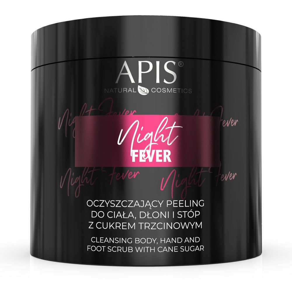 Schwarzer Tiegel mit rosa Etikett. Aufschrift: APIS, Night Fever, Peeling für Körper, Hände und Füße.