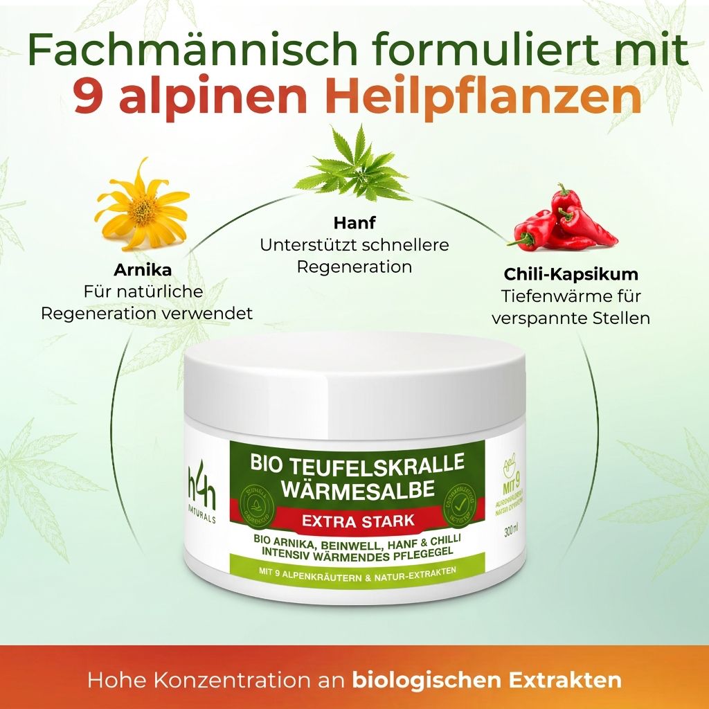 Weißes Tiegel mit grünem Etikett. Text: BIO TEUFELSKRALLE WÄRMESALBE EXTRA STARK. Aufschrift: H4H Naturals. Abgebildet: Pflanzen, Inhaltsstoffe.
