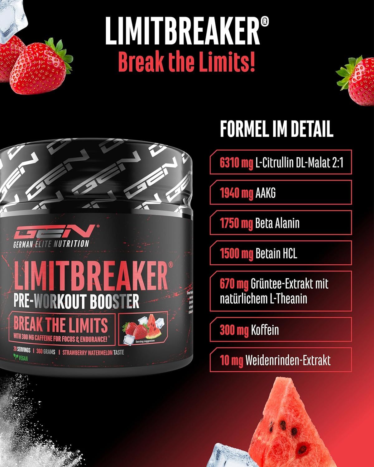 Werbebild mit Dose "LIMITBREAKER". Text: "FORMEL IM DETAIL". Inhaltsstoffe aufgelistet: L-Citrullin, AAKG, Beta Alanin, Betain HCL, Koffein.