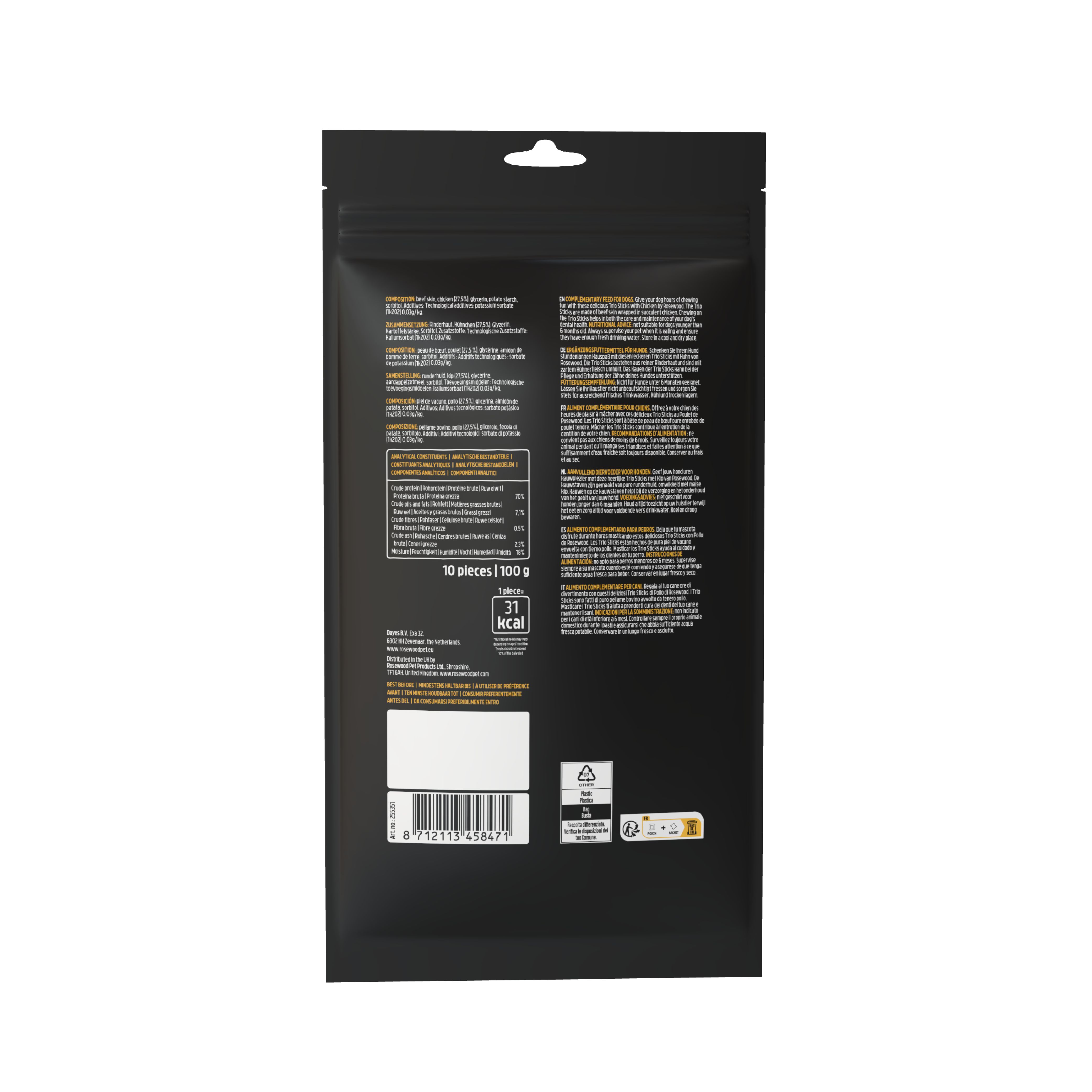 Rückseite der schwarzen Verpackung. Text mit Nährwertangaben und Inhaltsstoffen. Recycling- und Qualitätszeichen.