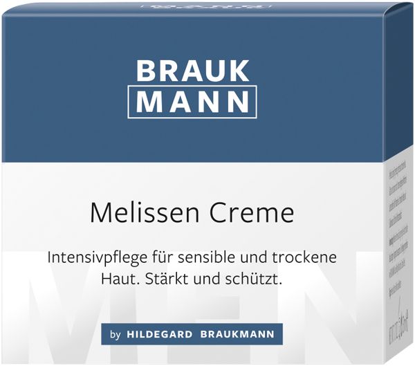 Karton mit Aufschrift BRAUKMANN, Melissen Creme. Text: Intensivpflege für sensible und trockene Haut. Stärkt und schützt.