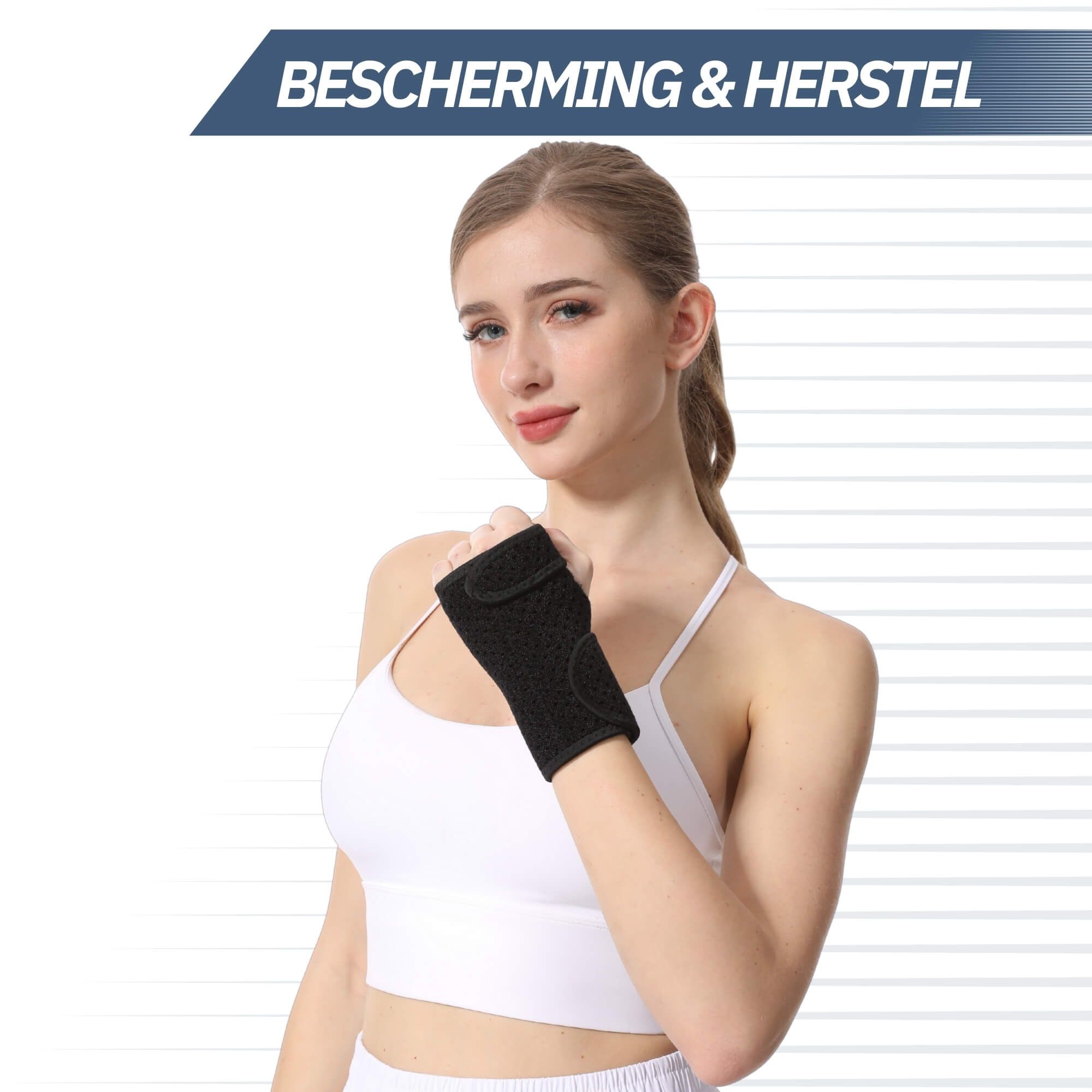 Schwarze Handgelenkbandage mit Klettverschluss, auf einem Arm getragen.