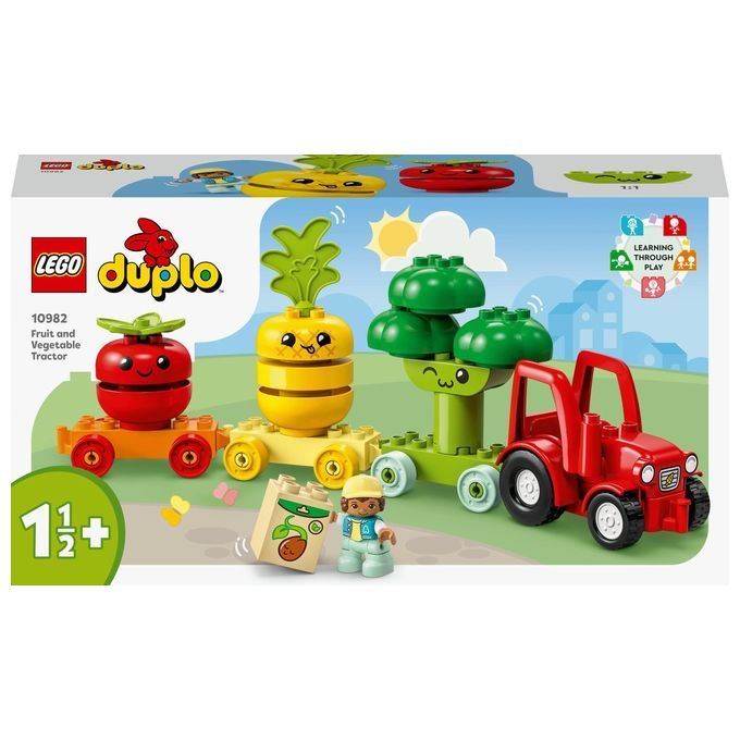 LEGO Duplo Obst- und Gemüse-Traktor. Verpackung mit Produktnamen, Altersempfehlung und Abbildung des Inhalts. Elemente auf weißem Hintergrund.