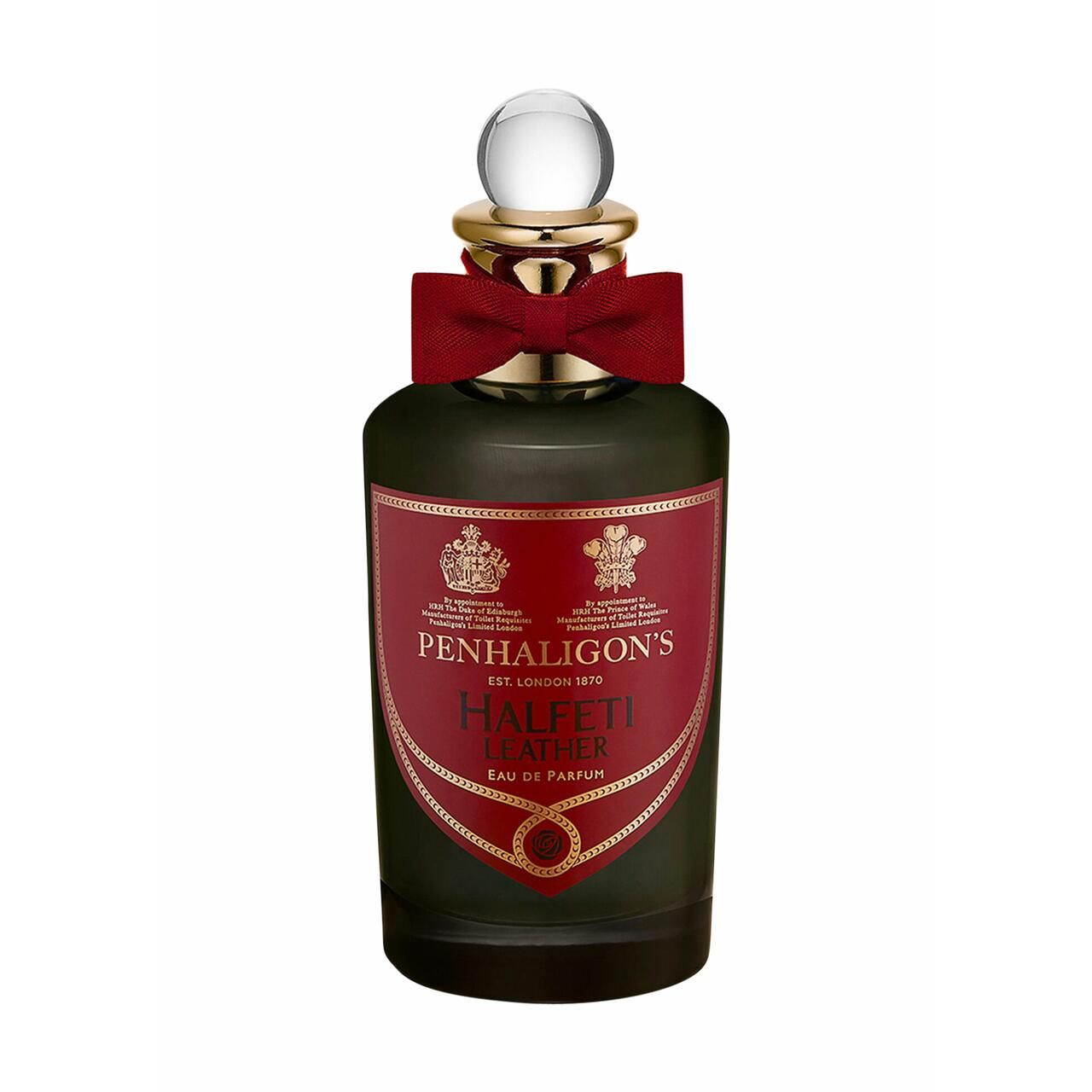Dunkelgrüne Flasche mit rotem Etikett. Goldener Verschluss mit klarer Kugel. Rote Schleife. Aufschrift: Penhaligon's London, Halfeti Leather.