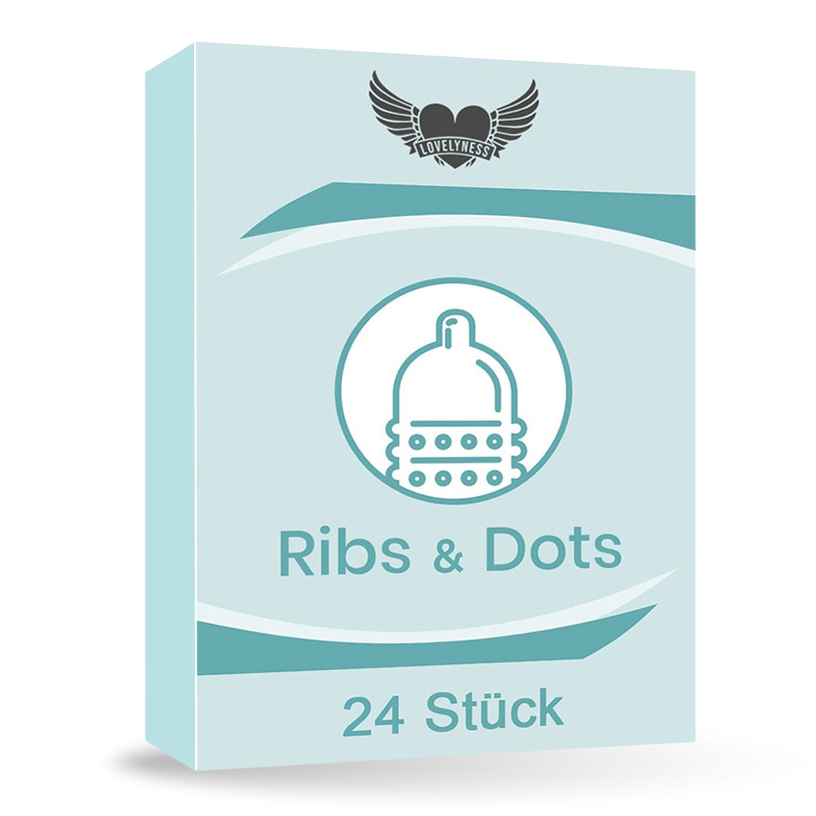 Hellblaue Schachtel mit Kondom-Symbol, Schriftzug "Ribs & Dots" und "24 Stück". Logo mit Flügeln.