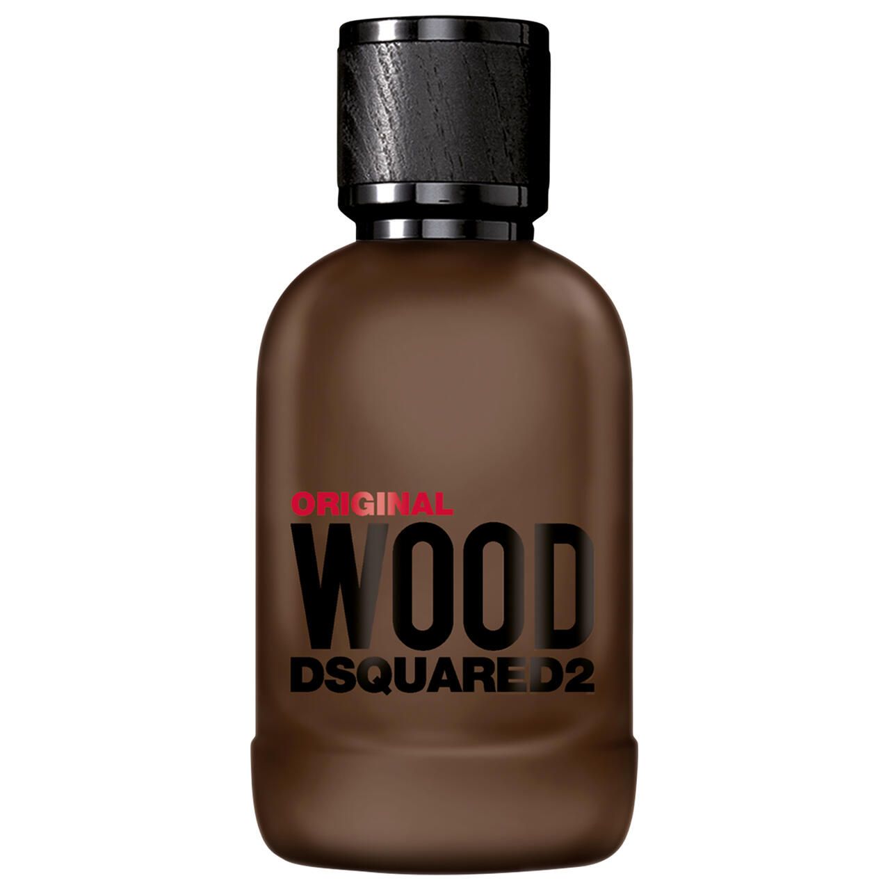 Braune Flasche mit schwarzem Deckel. Aufschrift: Original Wood Dsquared2.