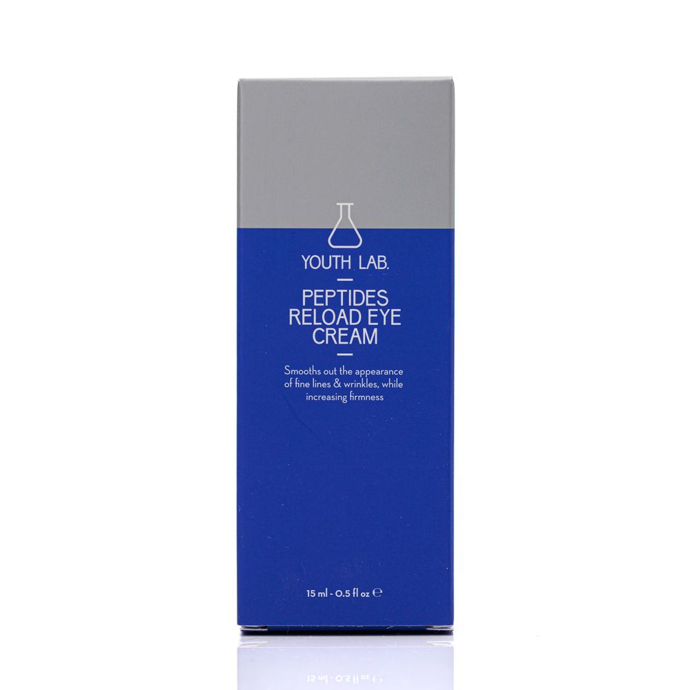 Karton YOUTH LAB Peptides Reload Eye Cream. Blau, silber. Text: Peptides Reload Eye Cream, 15 ml - 0.5 fl oz.