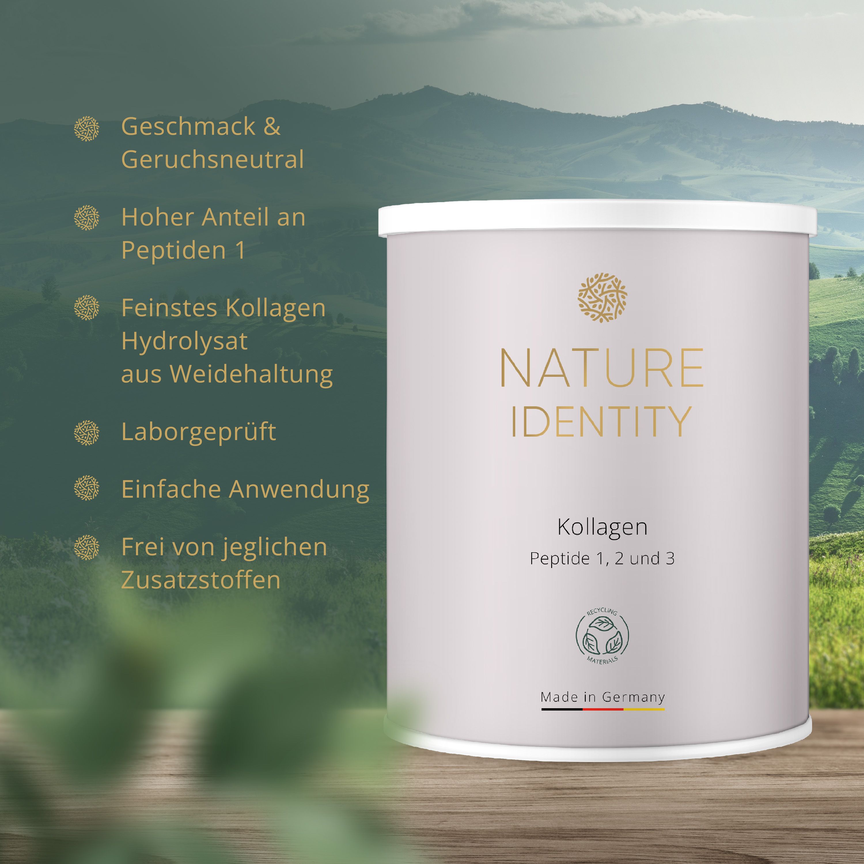 Zylinderförmige Dose mit dem Logo von Nature Identity. Aufschrift: Kollagen, Peptide 1, 2 und 3. Made in Germany.