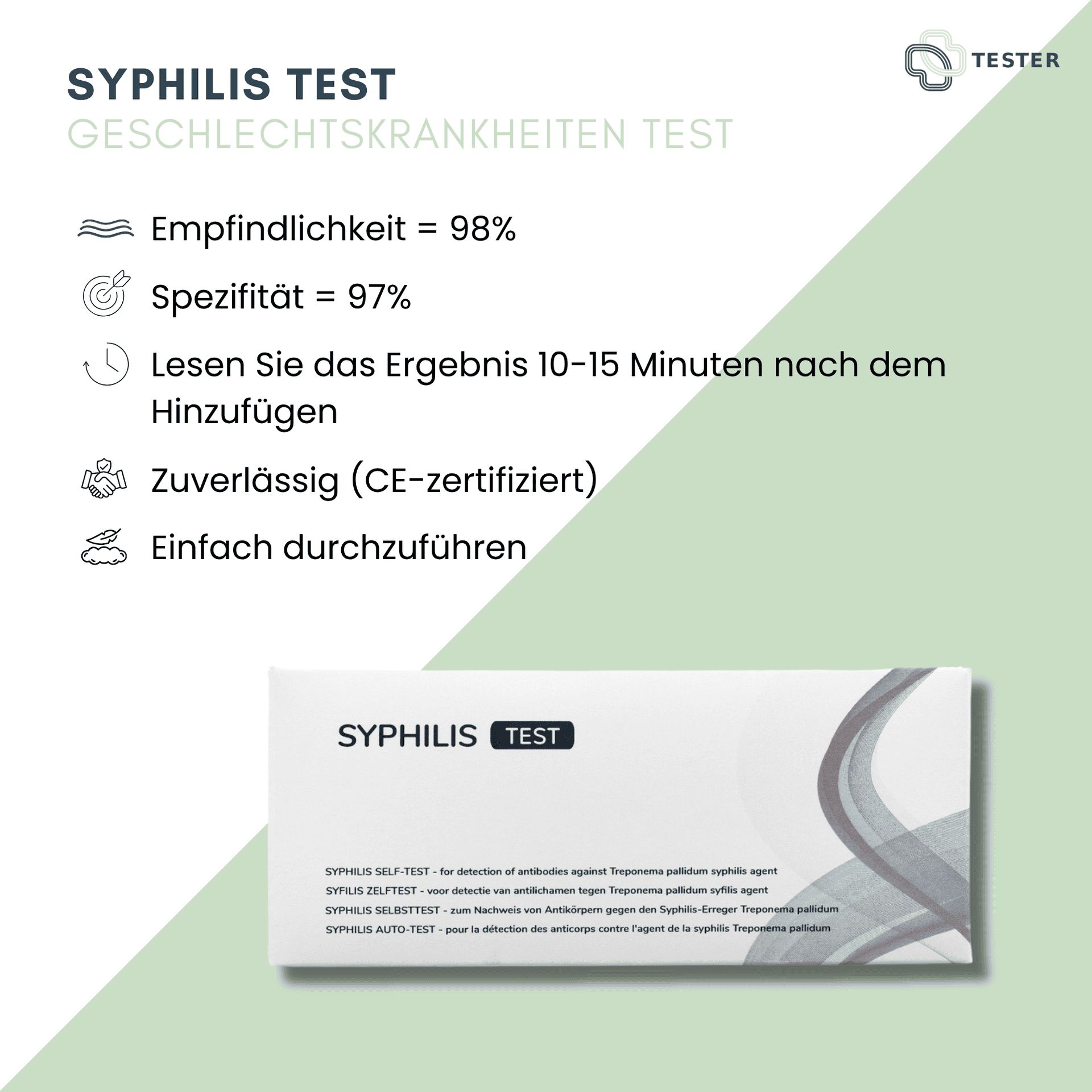 Syphilis-Selbsttest-Kit mit Informationen zu Empfindlichkeit, Spezifität und CE-Zertifizierung.