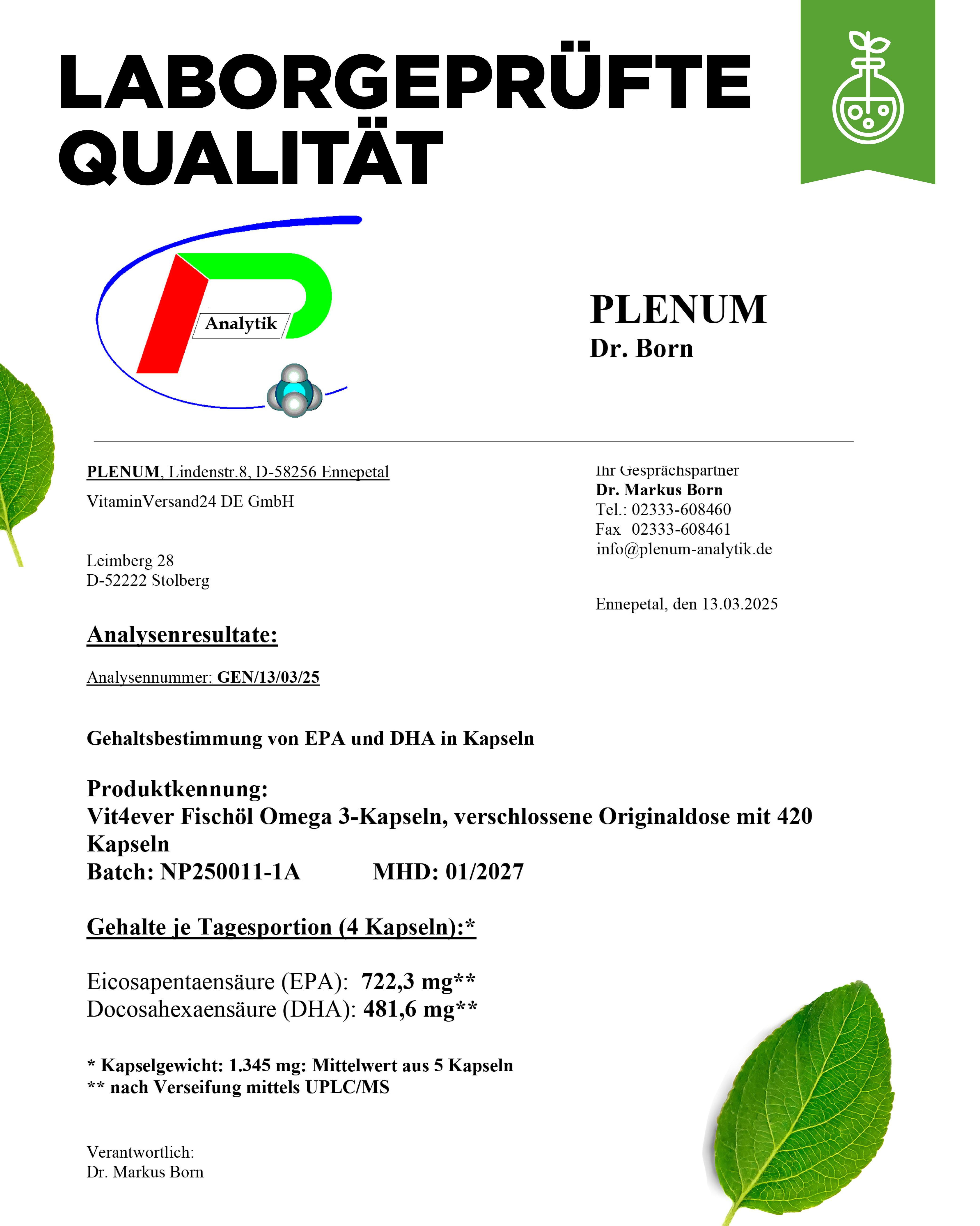 Laborbericht. Analyseergebnisse für EPA und DHA in Kapseln. Produkt: Vit4ever Fischöl Omega 3 Kapseln. Chargennummer und MHD.
