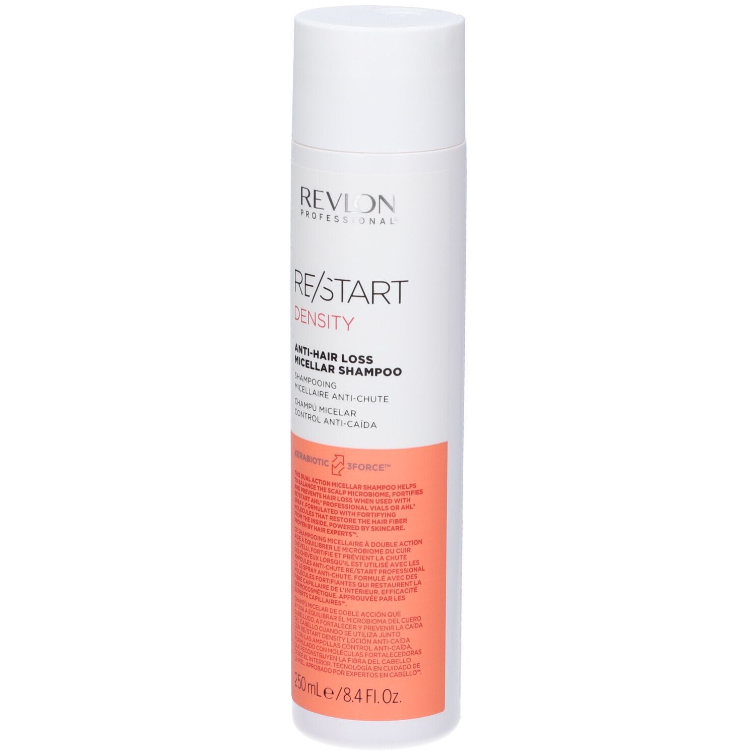 Weiß-rosa Flasche. Aufschrift: RE/START DENSITY, Anti-Haarausfall Micellar Shampoo. 250ml/8.4 FL.OZ.