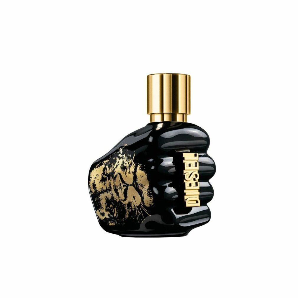 Schwarzer Flakon in Faustform mit goldenen Details. Aufschrift: Diesel.