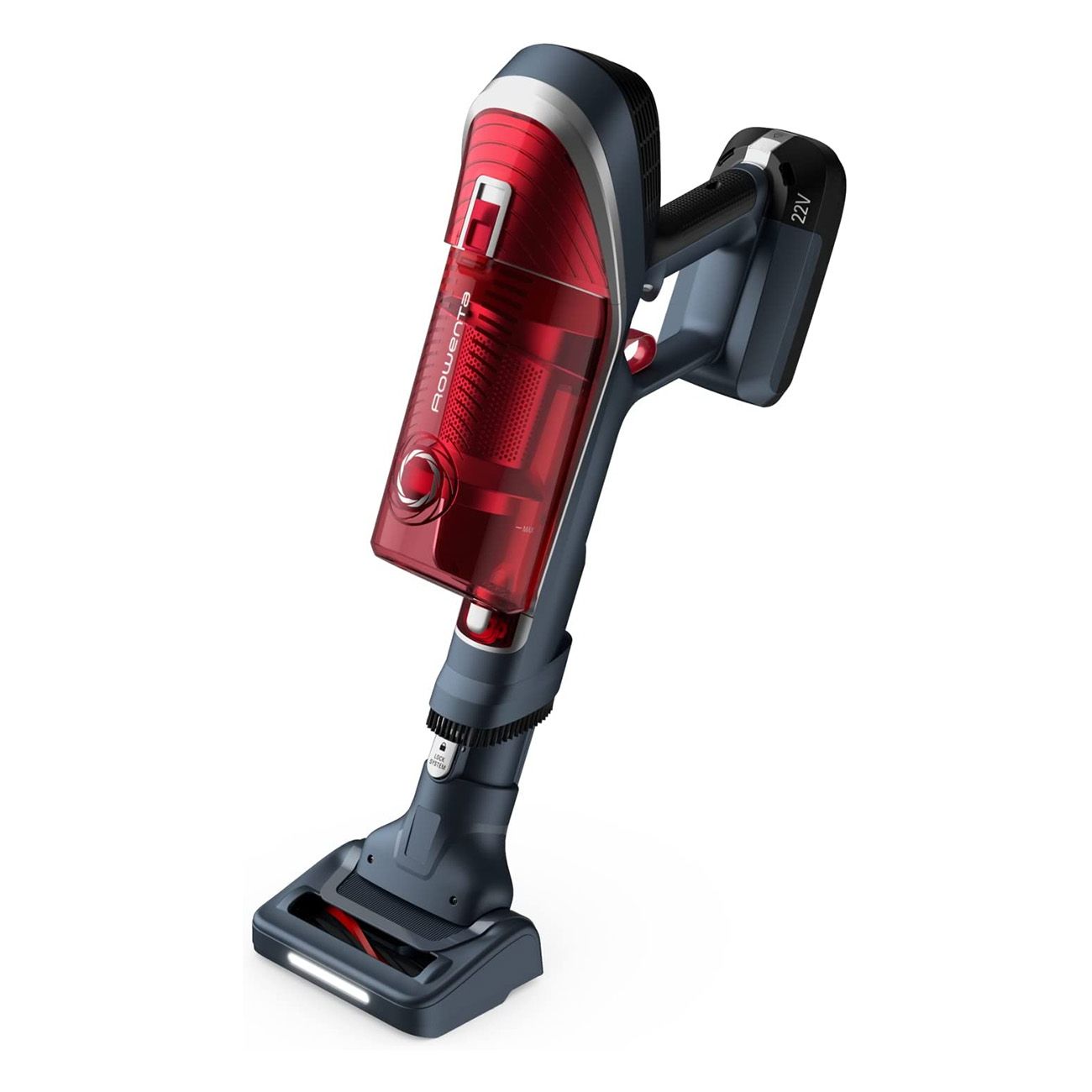 Akkustaubsauger, rot und grau. Handteil mit Akku. Bodenbürste. Schräge Ansicht.