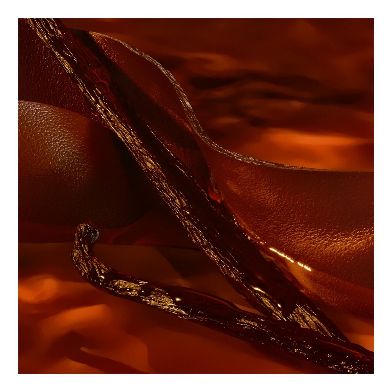 Nahaufnahme einer Vanilleschote und Flüssigkeit. Flüssigkeit in Braun- und Goldtönen.