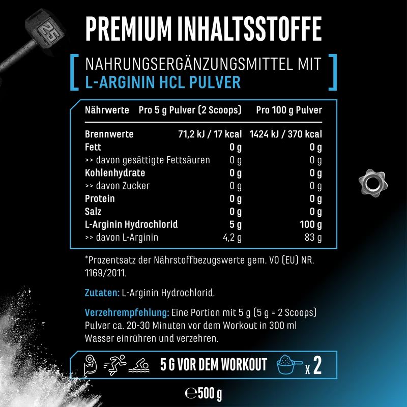GEN L-Arginin HCL Pulver: Nährwerte pro 5g und 100g, vegan.