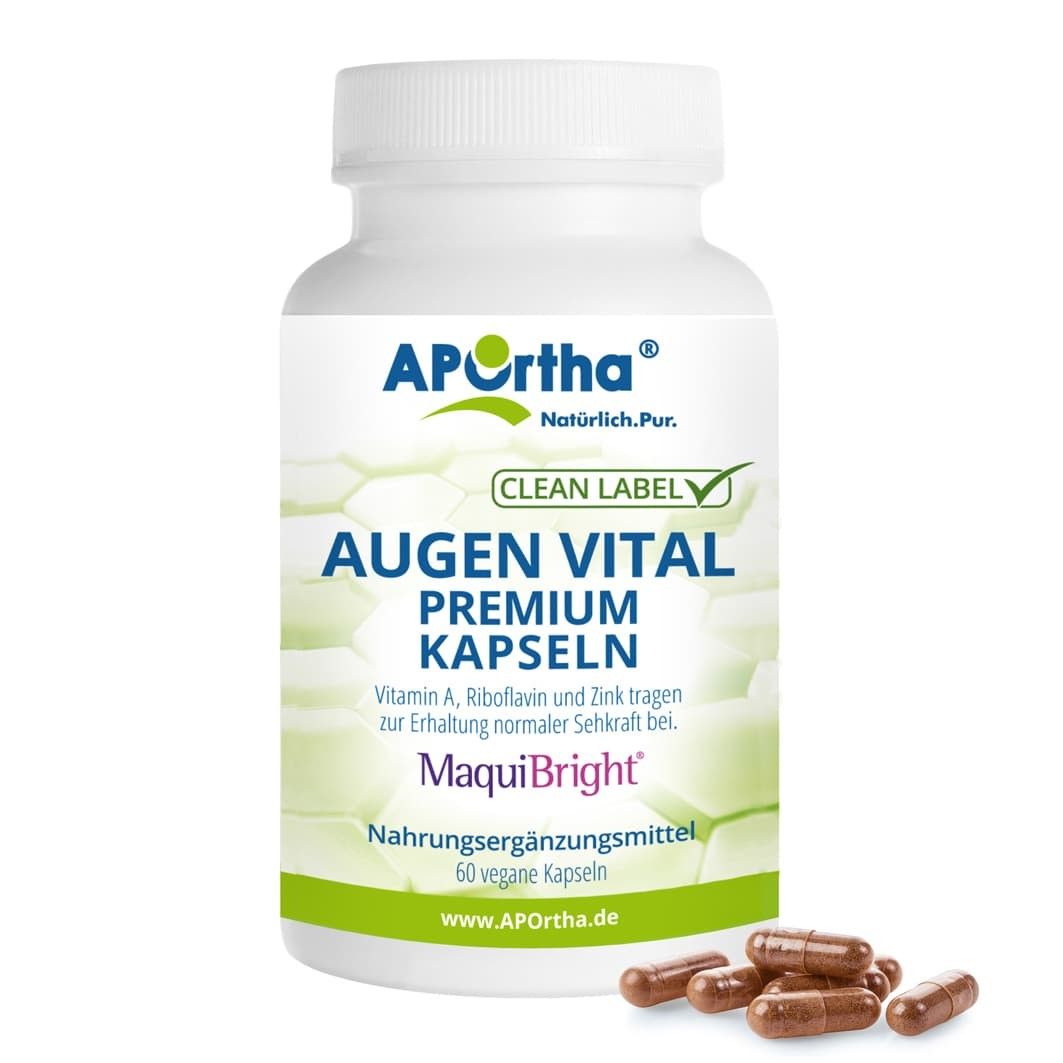 Weiße Flasche mit braunen Kapseln. Aufschrift: APOrtha Augen-Vital-PREMIUM, MaquiBright, 60 vegane Kapseln. Clean Label.