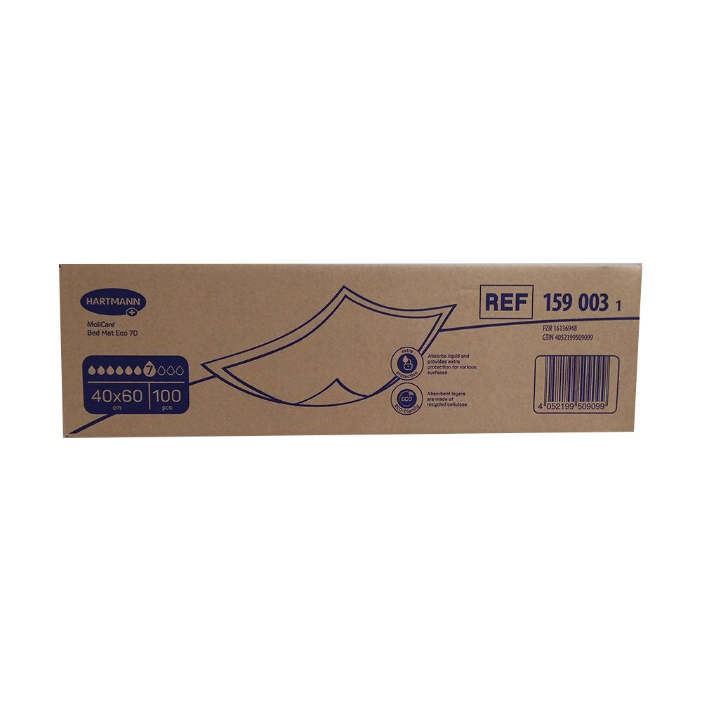 Kartonverpackung. Hartmann MoliCare Bed Mat Eco 7. Größe 40x60cm, 100 Stück. Produktreferenznummer 159 003 1.