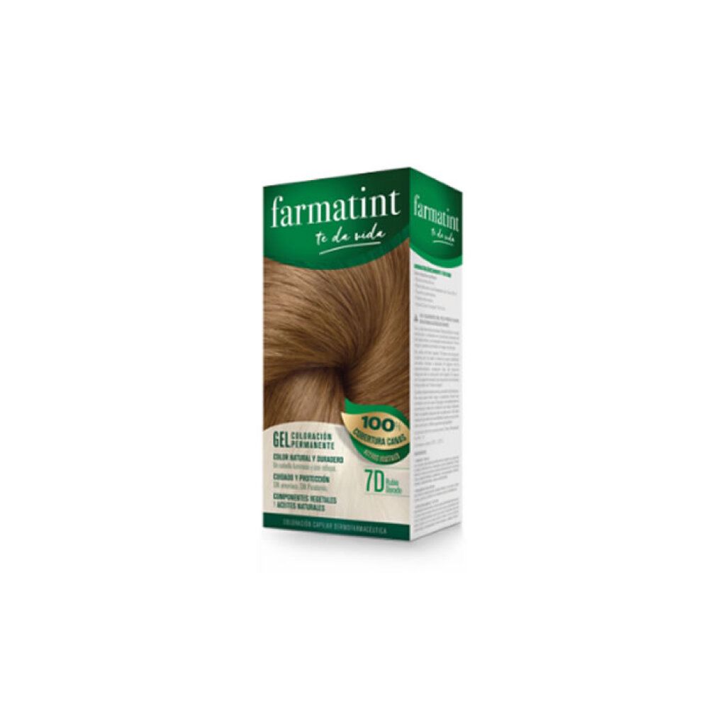 Farmatint Haarfarbkarton mit Bild einer Haarsträhne, Farbton 7D Hellblond, Gel-Formel.