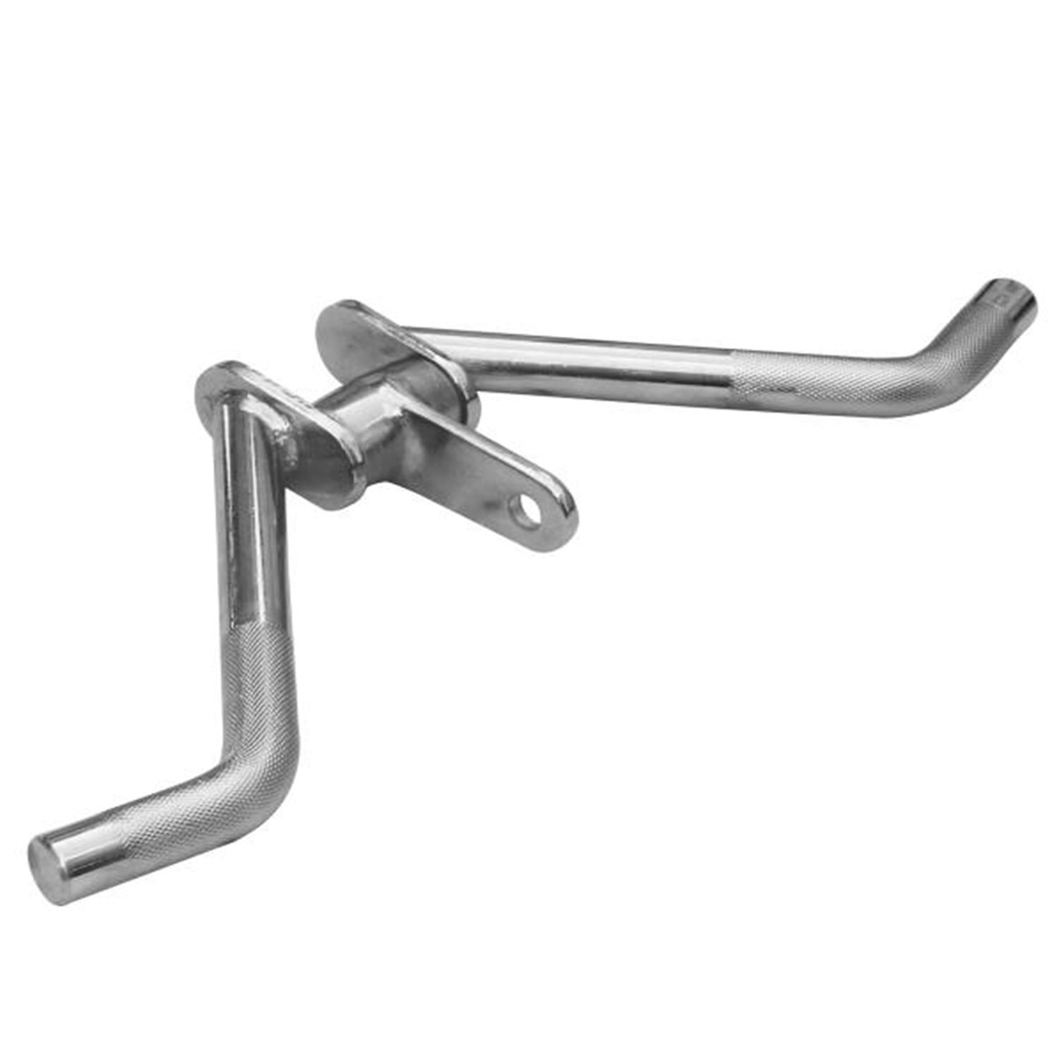 Trizeps Curl Griff aus Metall. Zwei Griffe mit geriffelter Oberfläche und gebogener Form.