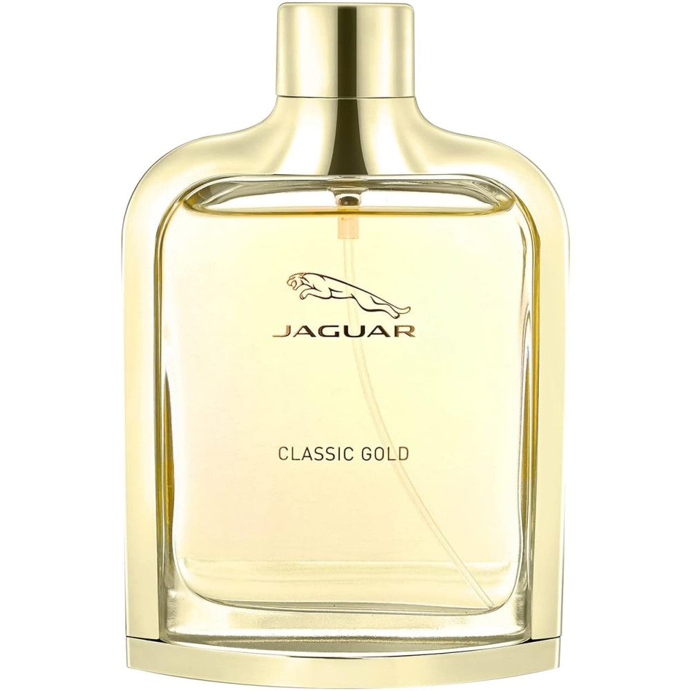 Goldfarbene Flasche. Aufschrift: Jaguar, Classic Gold. Flasche mit goldfarbenem Verschluss. Rechteckige Form.