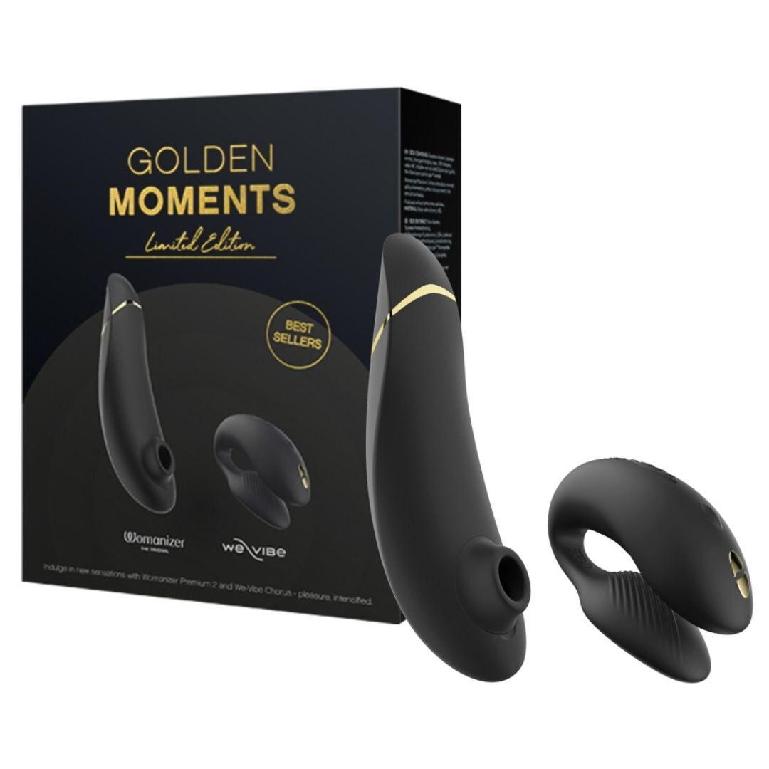 Schwarzes Wellness-Produkt mit goldfarbenen Akzenten. Verpackung mit Produktnamen „Golden Moments“ und „Best Sellers“.