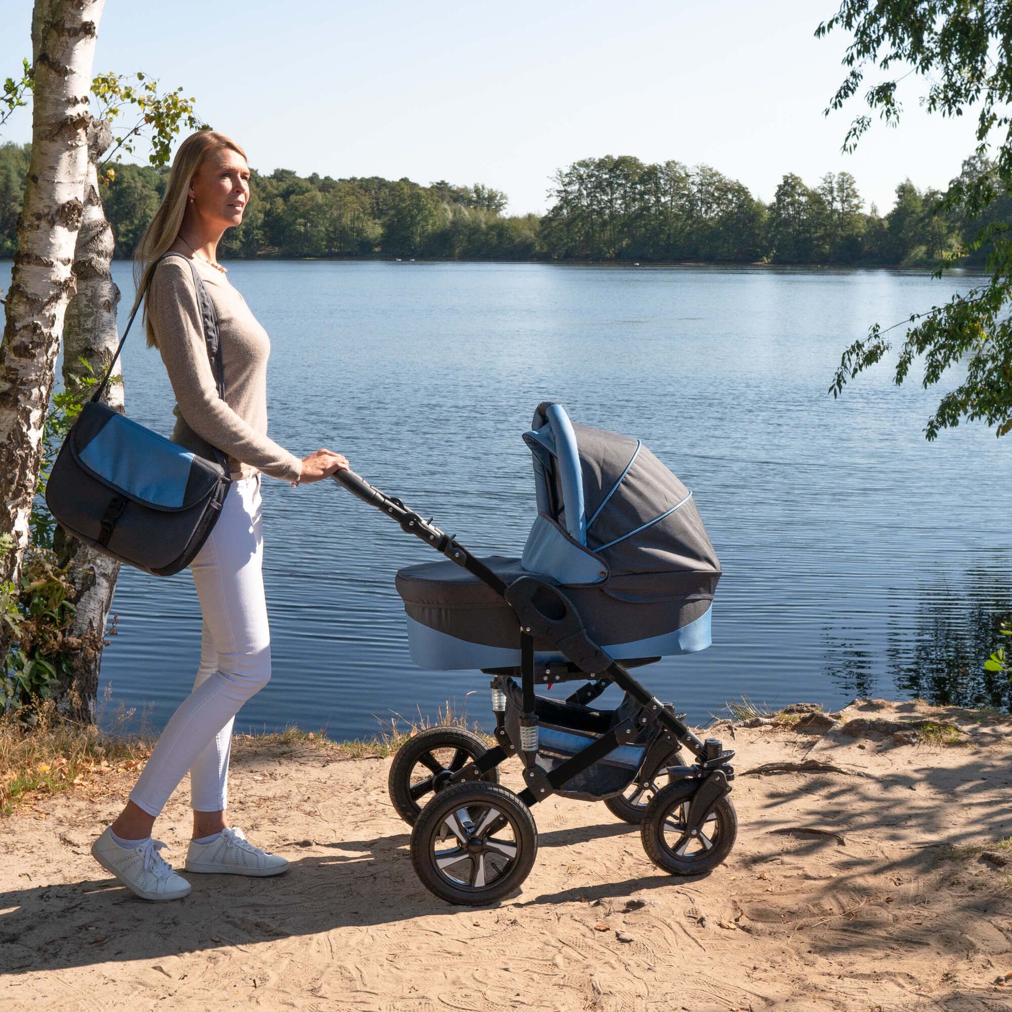 Friedrich Hugo Münster 3 in 1 Kinderwagen Set Luftreifen, Grey & Babyblue