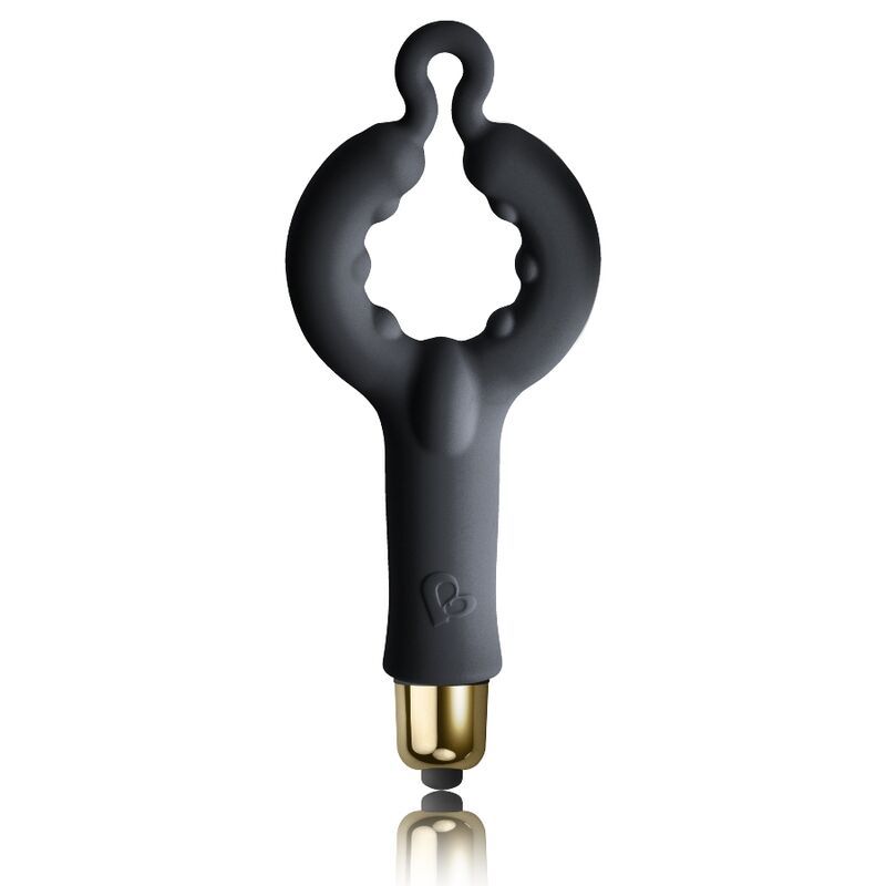 Schwarzes Produkt mit ringförmigem Design und goldenem Ende. Logo auf dem schwarzen Teil.