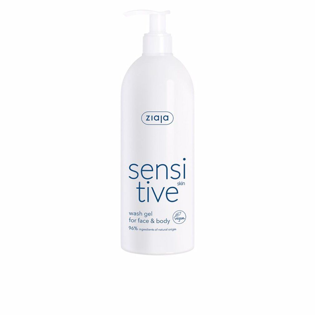 Weiße Flasche mit Dosierpumpe. Aufschrift: Ziaja, sensitive skin, wash gel for face & body, 96% ingredients of natural origin. Vegan-Siegel.