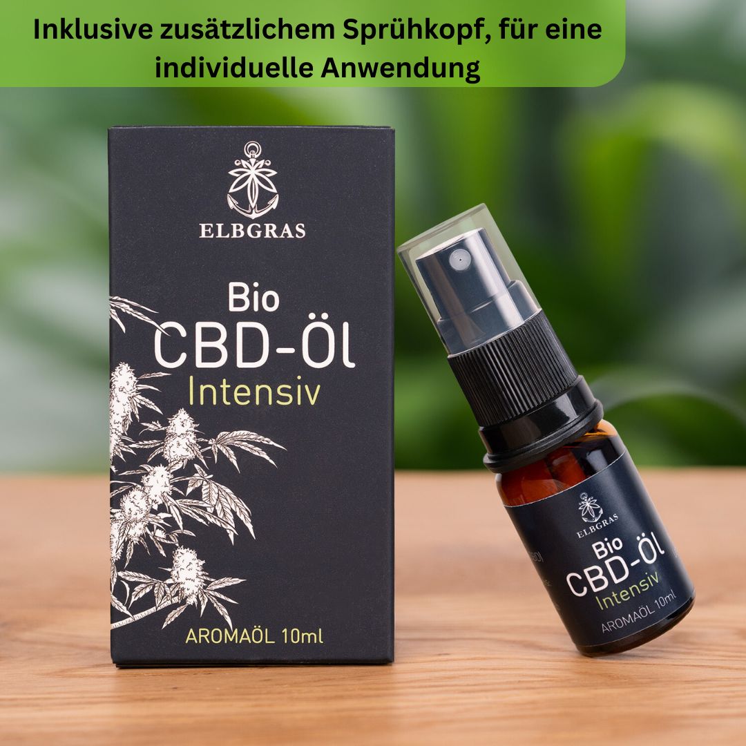 Braune Glasflasche mit Sprühkopf und schwarze Verpackung mit 'Bio CBD-Öl Intensiv'.