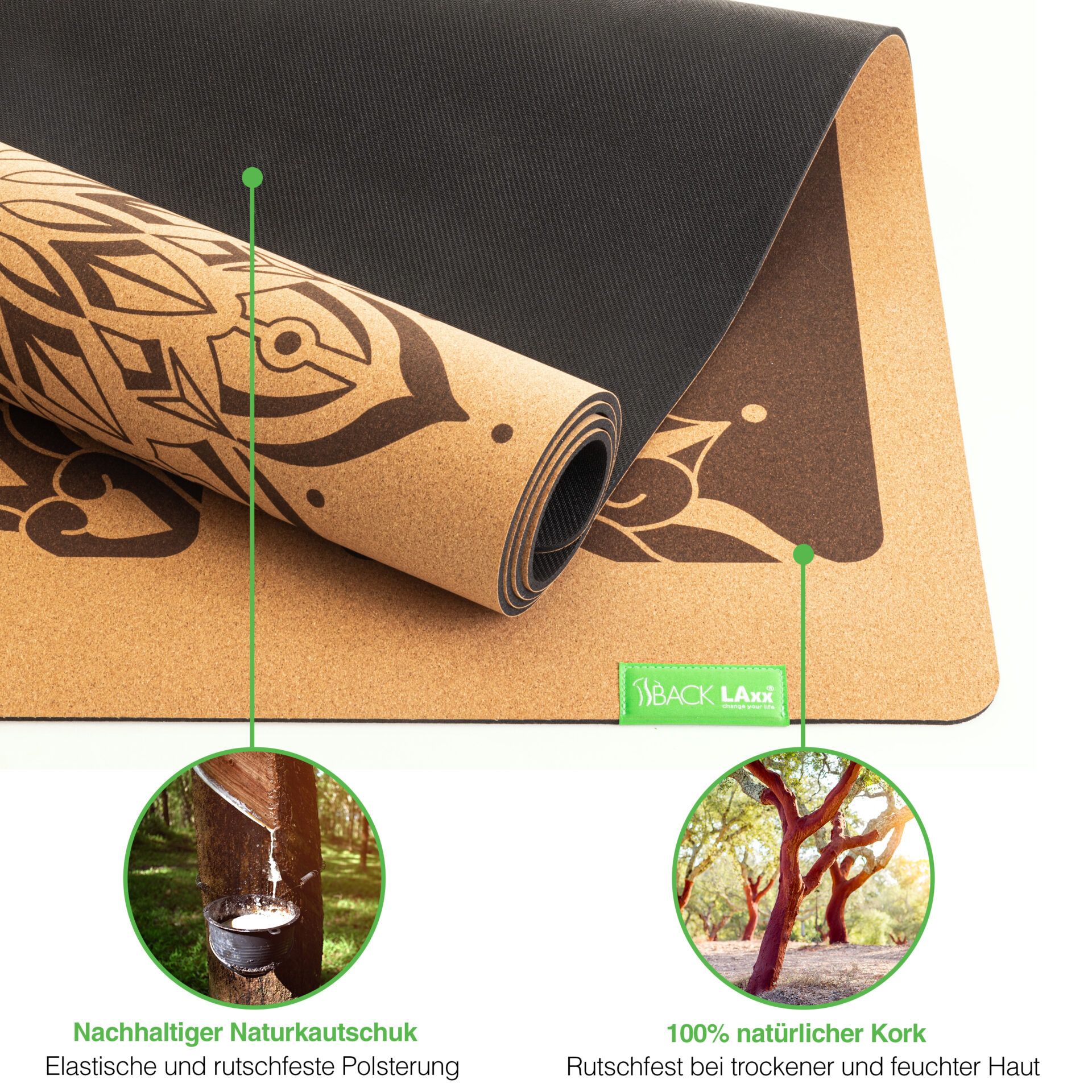 BACKLAxx® Yogamatte Kork mit Naturkautschuk 183x61x0,4cm