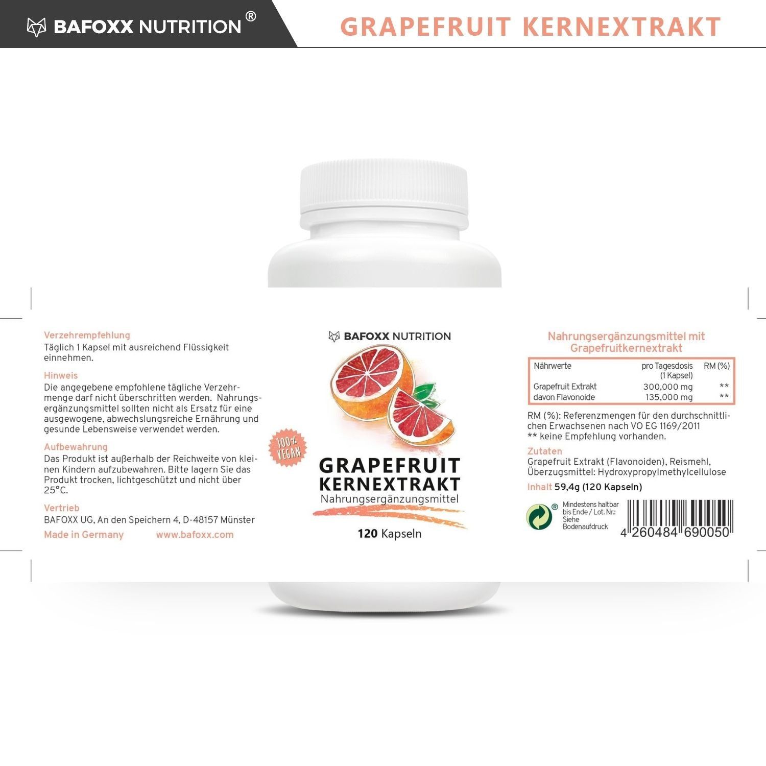 BAFOXX Nutrition® Kapseln. Weiße Flasche mit Etikett. Text: Grapefruit Kernextrakt. 120 Kapseln. Nährwertangaben. Made in Germany.