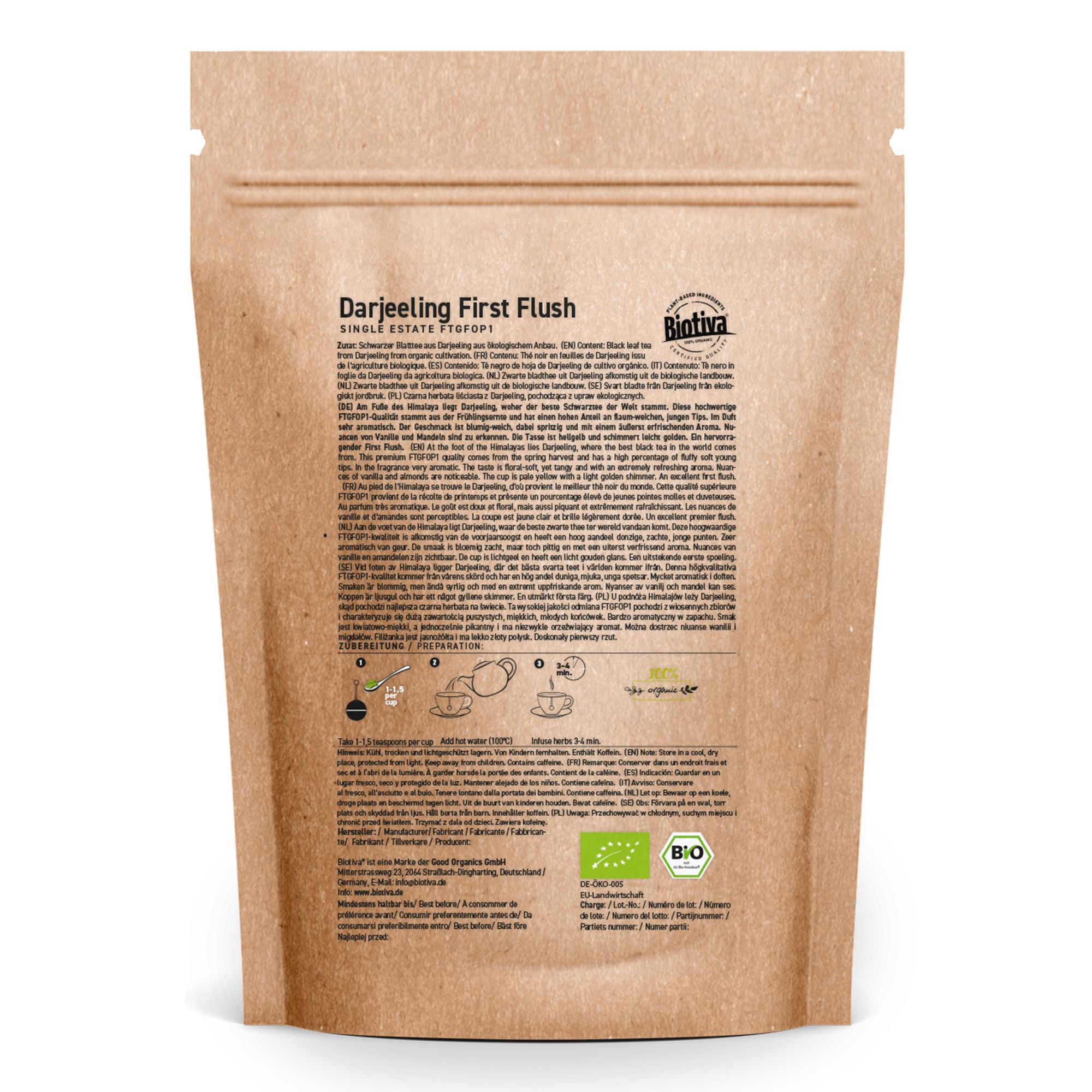 Braune Papiertüte mit Produktinformationen. Text: Darjeeling First Flush, Biotiva, Bio-Zertifizierung, Zubereitungshinweise.