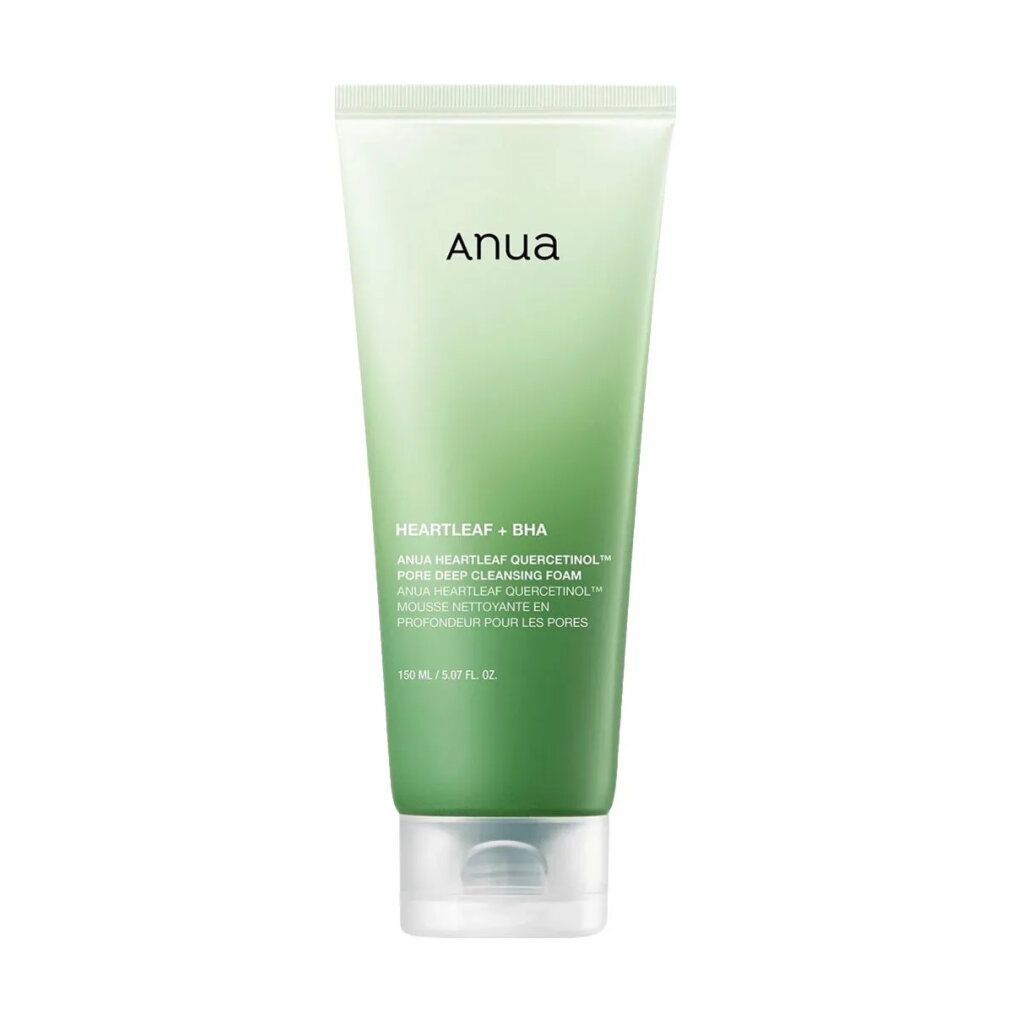 Grüne Tube mit weißem Deckel. Text: Anua Heartleaf + BHA Pore Deep Cleansing Foam. Aufschrift: 150 ml / 5.07 fl.oz.