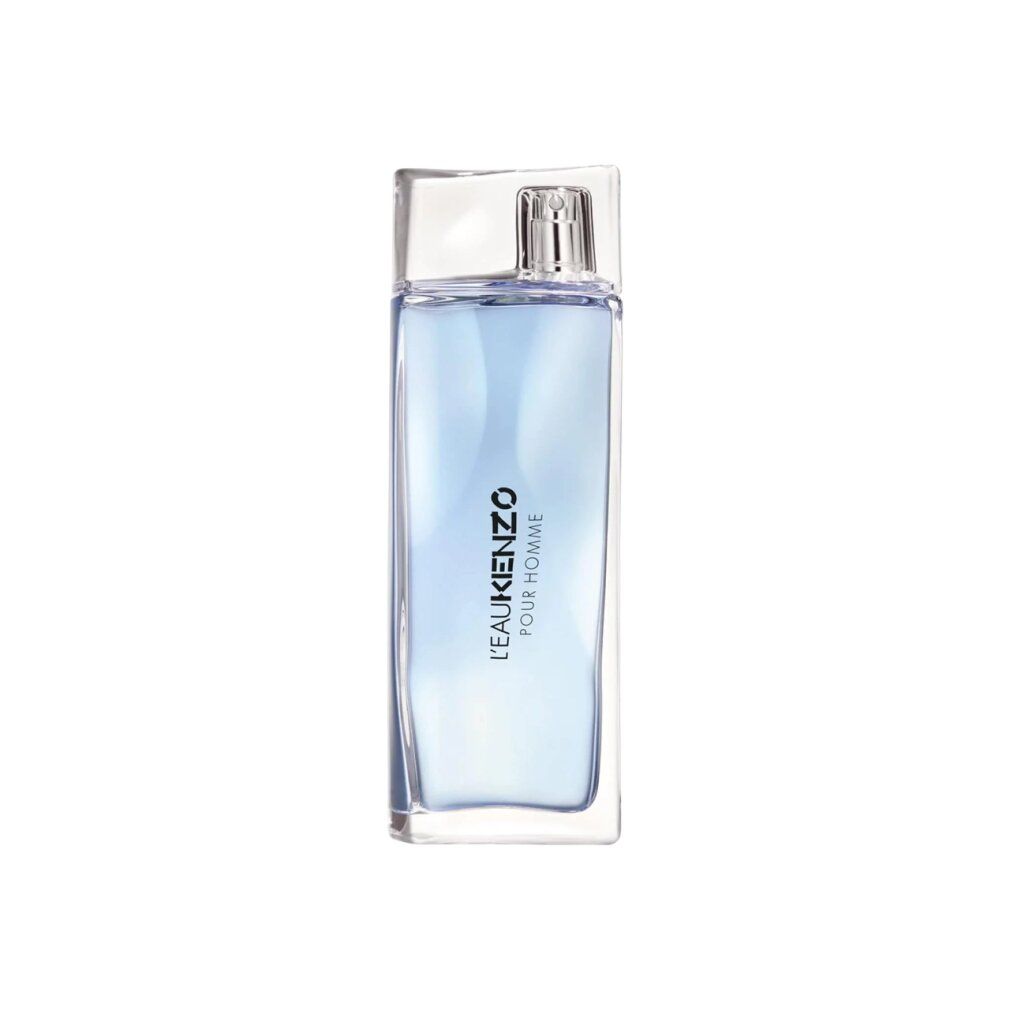 L'Eau Kenzo Pour Homme Flakon. Klare, rechteckige Glasflasche mit blauem Duftwasser und silbernem Sprühkopf.