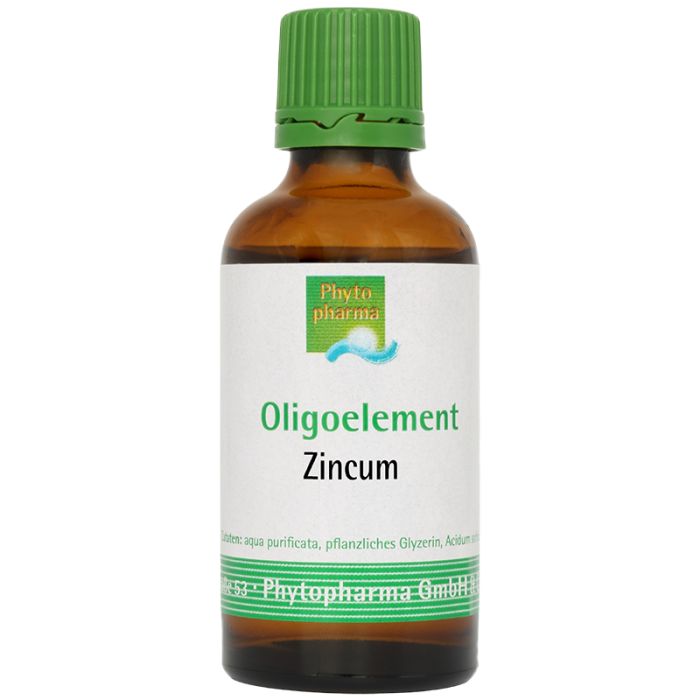 Braune Glasflasche mit grünem Deckel. Etikett mit "Oligoelement Zincum" und Logo. Hersteller: Phytopharma GmbH.