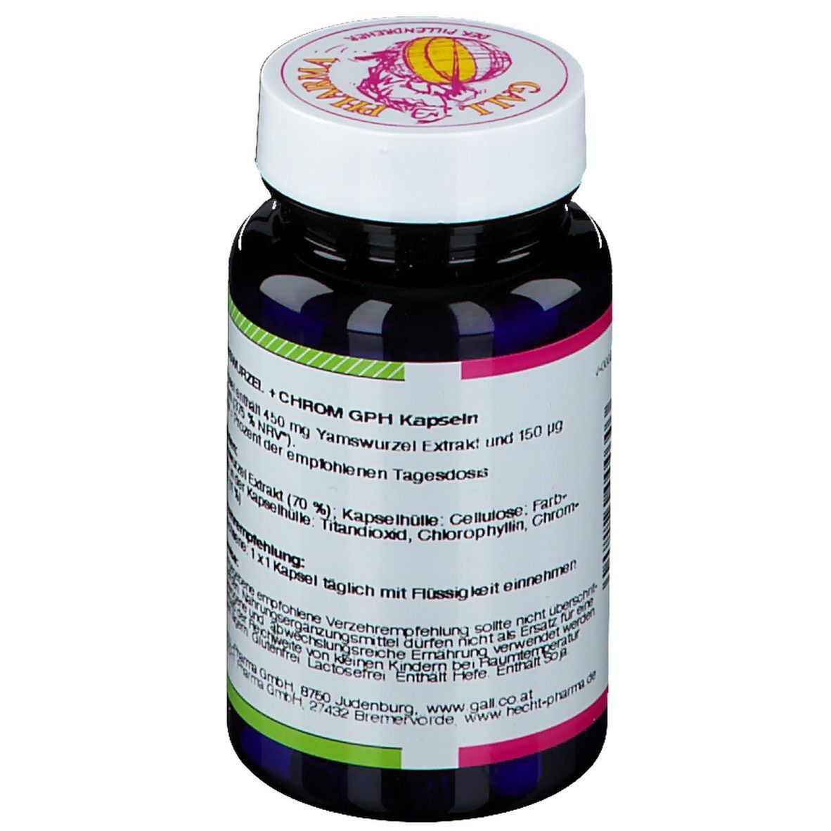 Blaue Flasche mit weißem Deckel. Aufschrift: Yamswurzel + Chrom GPH Kapseln. Rückseite mit Produktinformationen. Hersteller: GALL-Pharma.