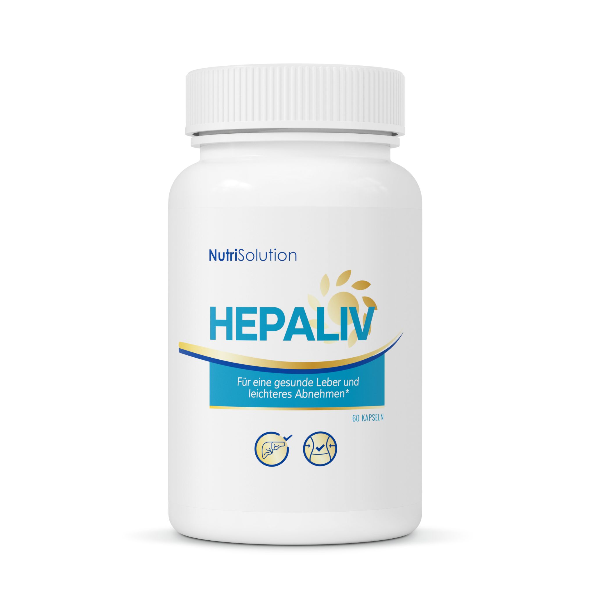 NutriSolution HepaLiv Kapselbehälter mit Etikett, das Leber- und Gewichtsabnahmesymbole zeigt.