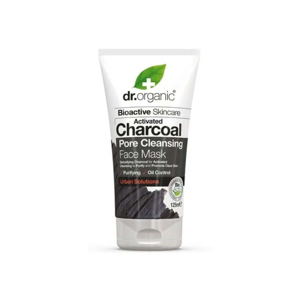 Tube mit Dr. Organic Charcoal Face Mask. Weißes Tube mit schwarzer Schrift. Enthält Aktivkohle. Bio-Zertifizierung.