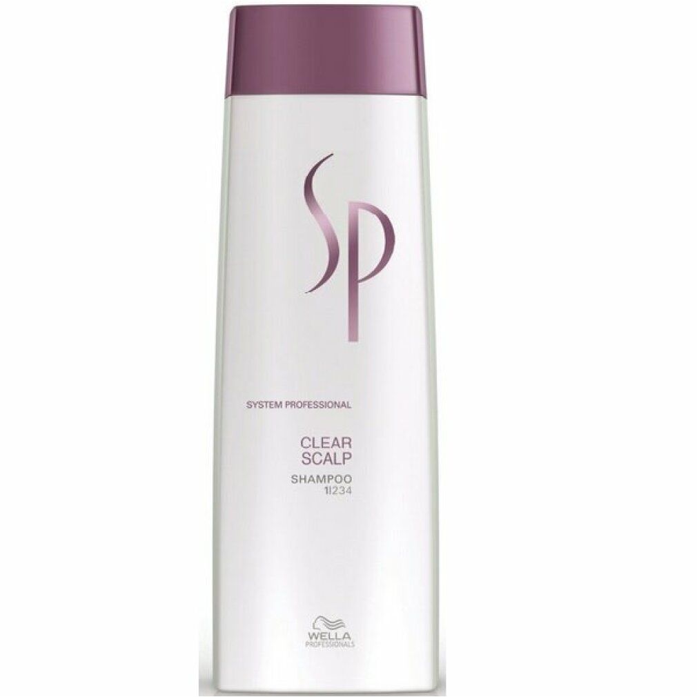 Wella SP Clear Scalp Shampoo Flasche mit lila Verschluss. System Professional Logo und Produktname sichtbar.